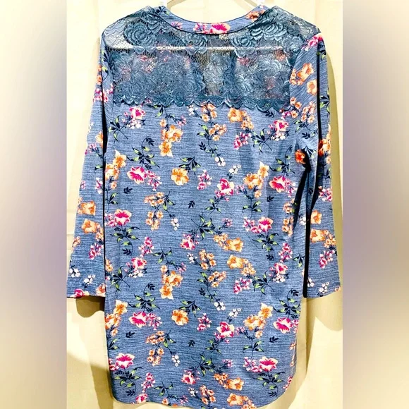 Women’s “Angels Forever Young” Blue Floral Convertible Long Sleeve Blouse - Picture 3 of 10